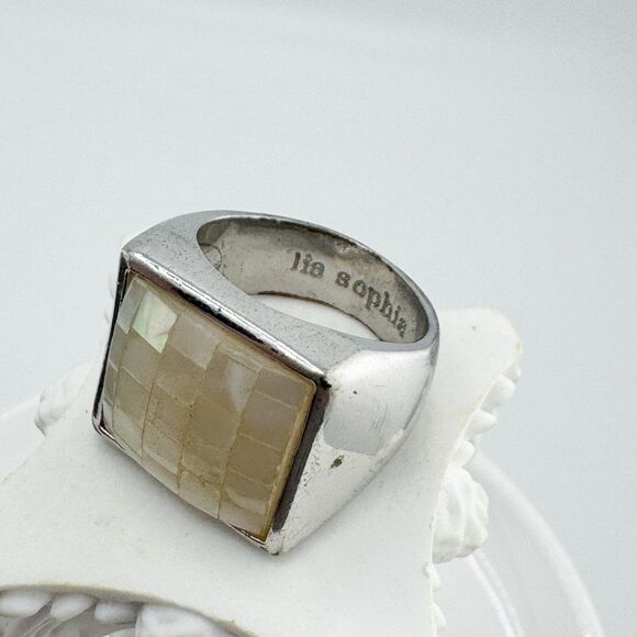 Lia Sophia Silver Tone Mother of Pearl Mosaic Ring Modern Square Statement - Picture 9 of 10
